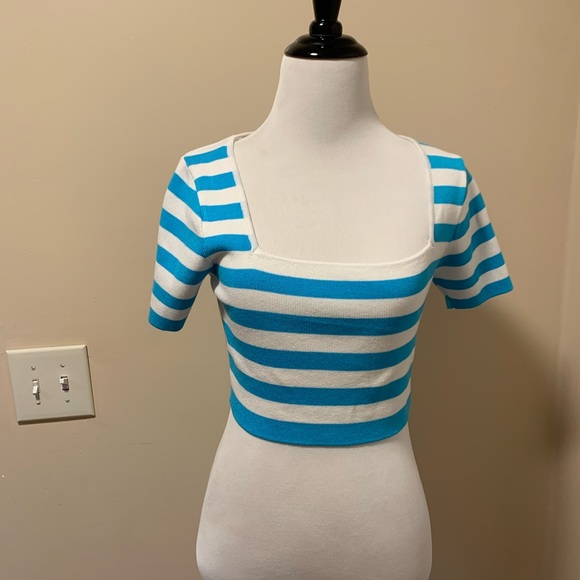 Zara Blue & White Striped Crop Top, NWOT Size L - Picture 5 of 7